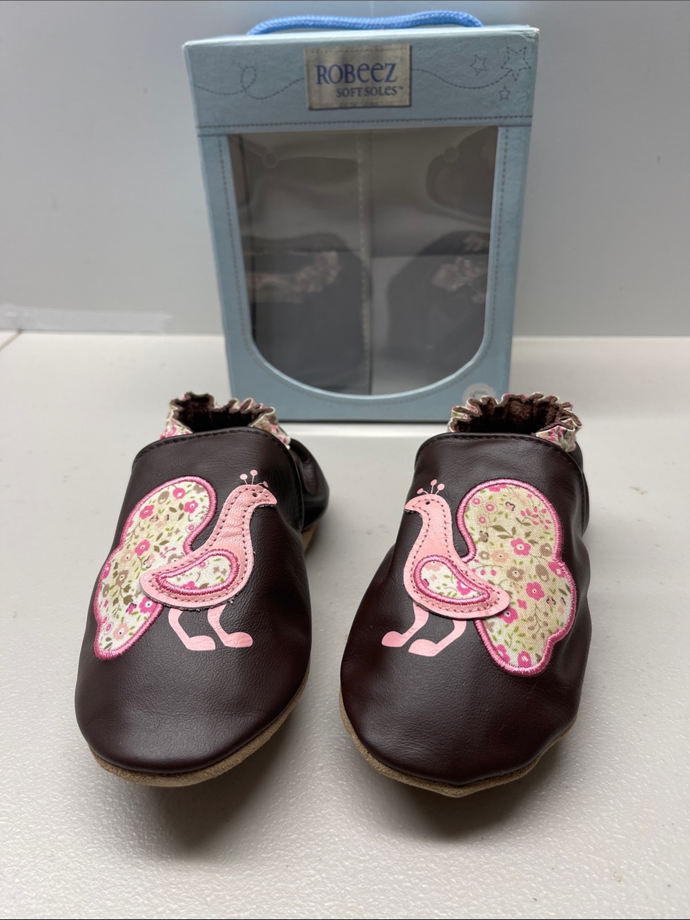 Robeez Brown Leather Moccasins with Pink Floral Bird Appliqués. NEW